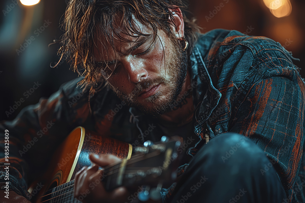 Poster a musician with a broken guitar string, looking frustrated and unprepared. concept of performance mi