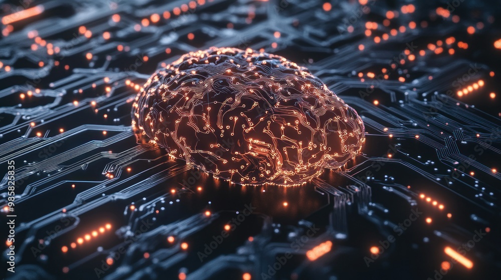 Poster illuminated brain on a circuit board representing artificial intelligence