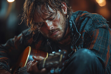 Obraz premium A musician with a broken guitar string, looking frustrated and unprepared. Concept of performance mishaps and unexpected issues.