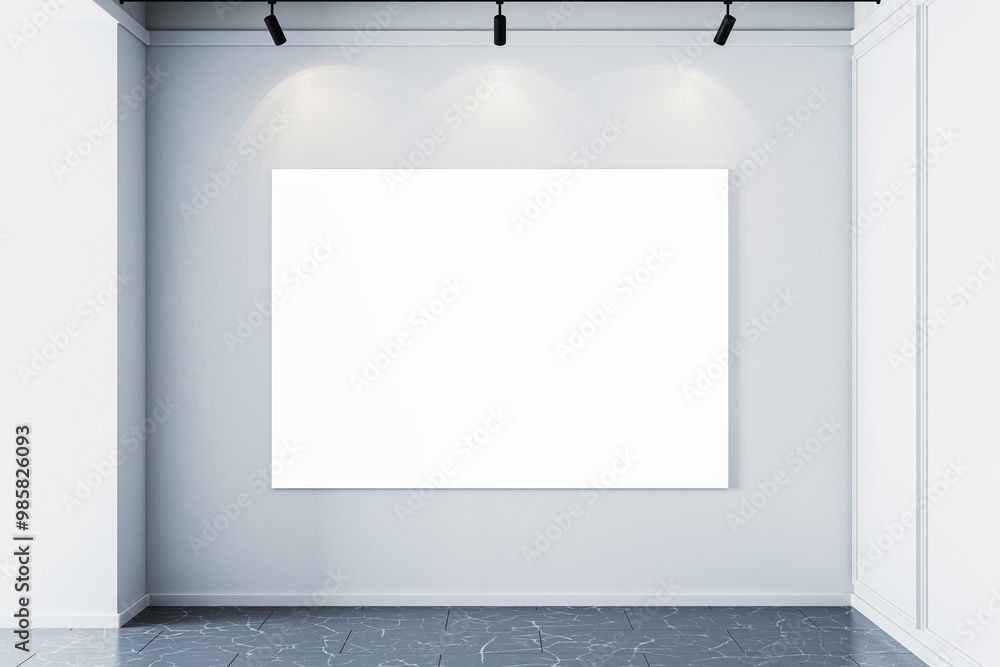 Aufkleber blank white canvas on a gallery wall with spotlights. 3d rendering