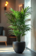 Fototapeta premium A large lush silk like dragons breath plant in modern pot adds vibrant touch to interior space, enhancing atmosphere with its greenery and elegance
