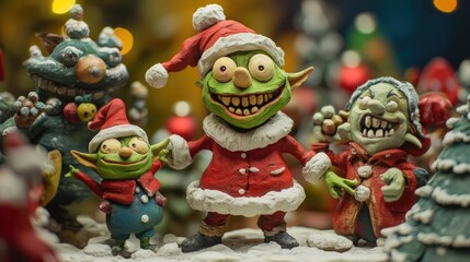 3D clay Christmas scene: A festive tableau featuring a smiling Zombie, a cheerful Goblin, and a happy Ogre, celebrating the season.