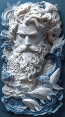 Layered Paper Cut Sculpture of the Greek God Poseidon with Trident and Sea Creatures