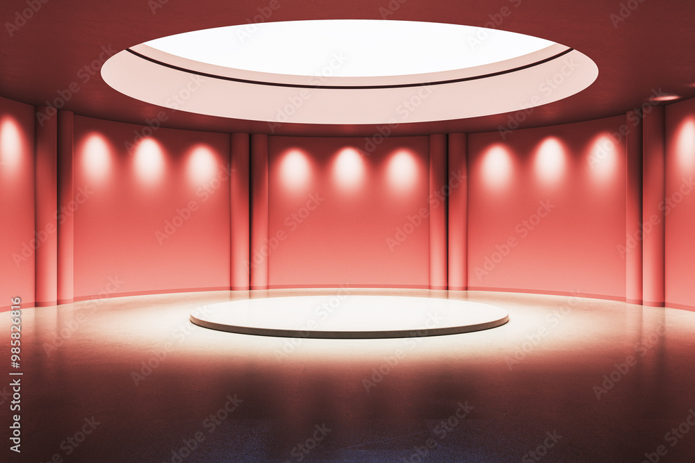 Poster Modern circular stage in a red room with spotlights. 3D Rendering