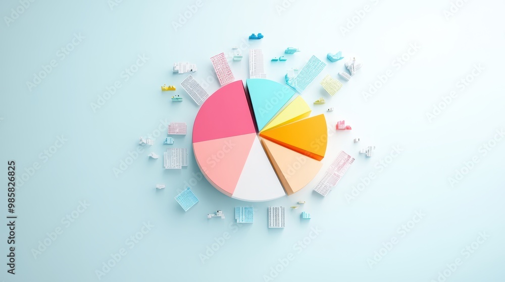 Poster a colorful pie chart with different segments representing data proportions, analyzing distribution.
