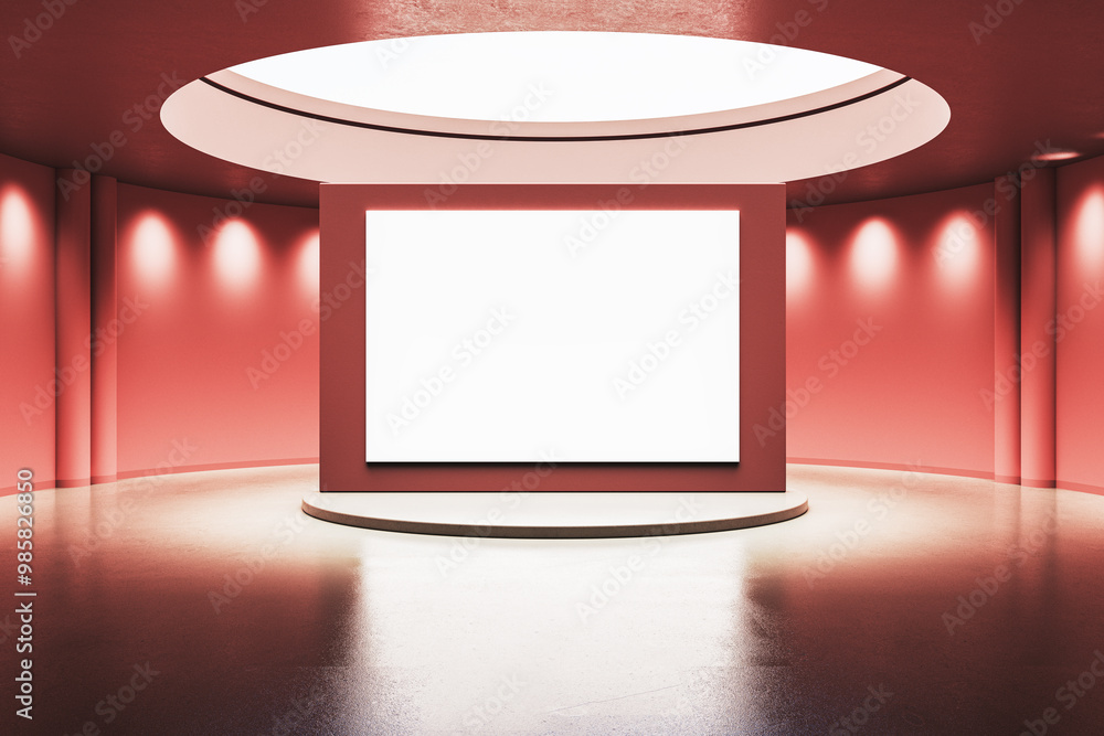 Poster Modern stage with large blank screen in red-walled room. 3D Rendering