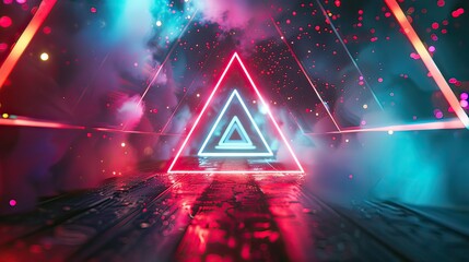 A vibrant flying tunnel with geometric triangle lights, set against a backdrop of retro-inspired abstract shapes. 