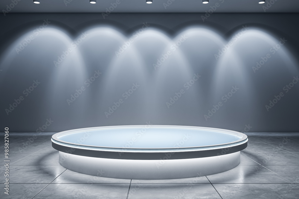 Poster modern room with a round, illuminated podium and spotlight illumination. 3d rendering
