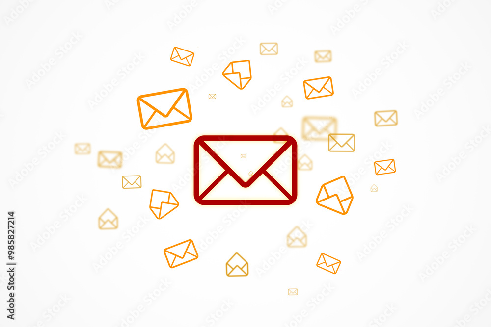 Poster Floating email icons on a light background. 3D Rendering