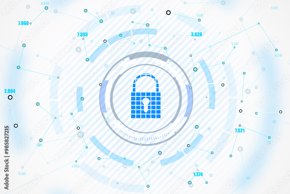 Poster Digital padlock icon surrounded by data points and network connections on light background. 3D Rendering