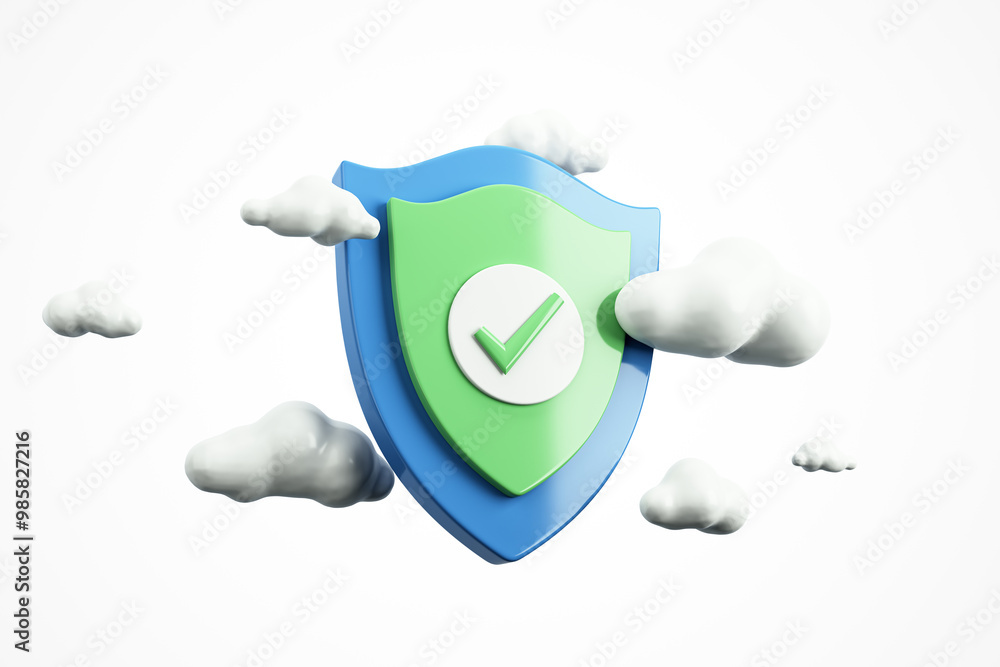 Poster Shield with Check Mark Surrounded by Clouds on White Background. 3D Rendering