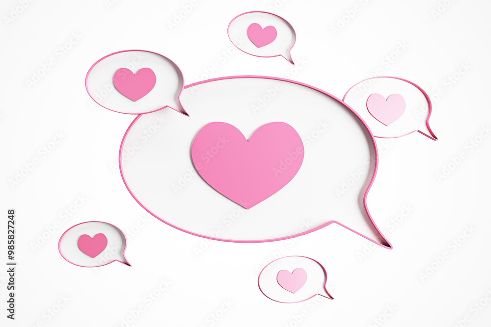 Aufkleber pink heart symbols in speech bubbles on white background. 3d rendering
