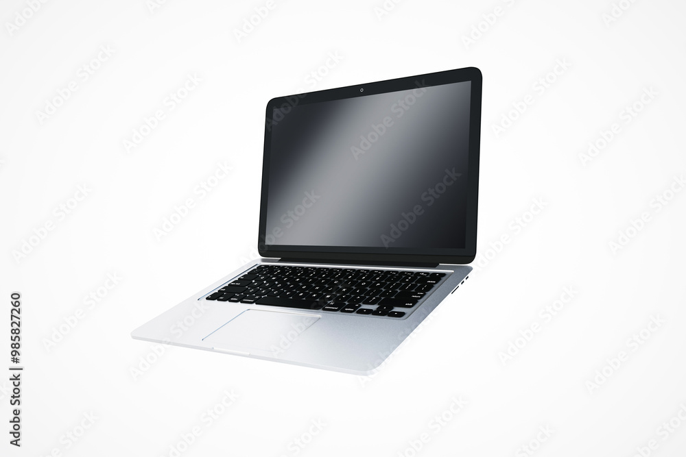 Poster silver laptop with black keyboard and blank screen on white background. 3d rendering