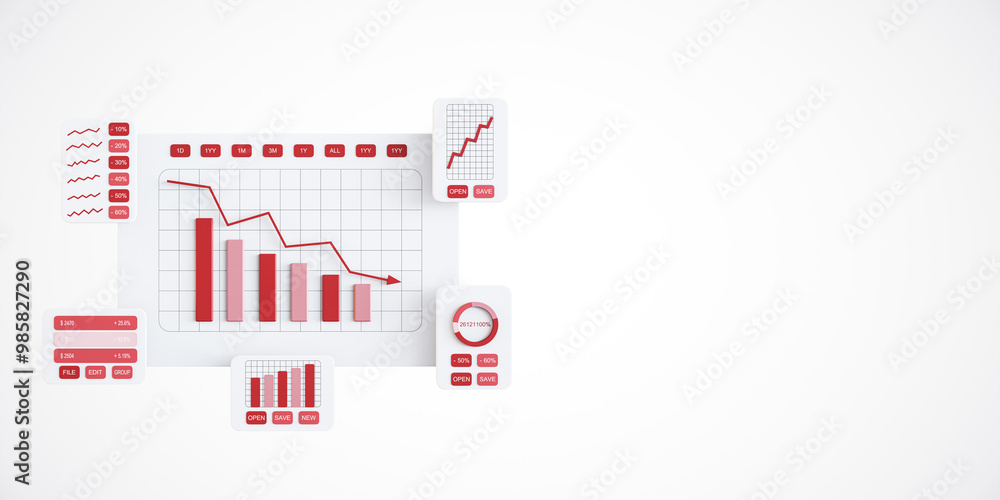Poster Financial graphs and charts showing a decline in performance. 3D Rendering