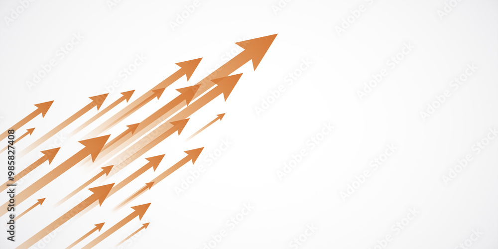 Poster multiple orange arrows pointing upwards on a white background. 3d rendering