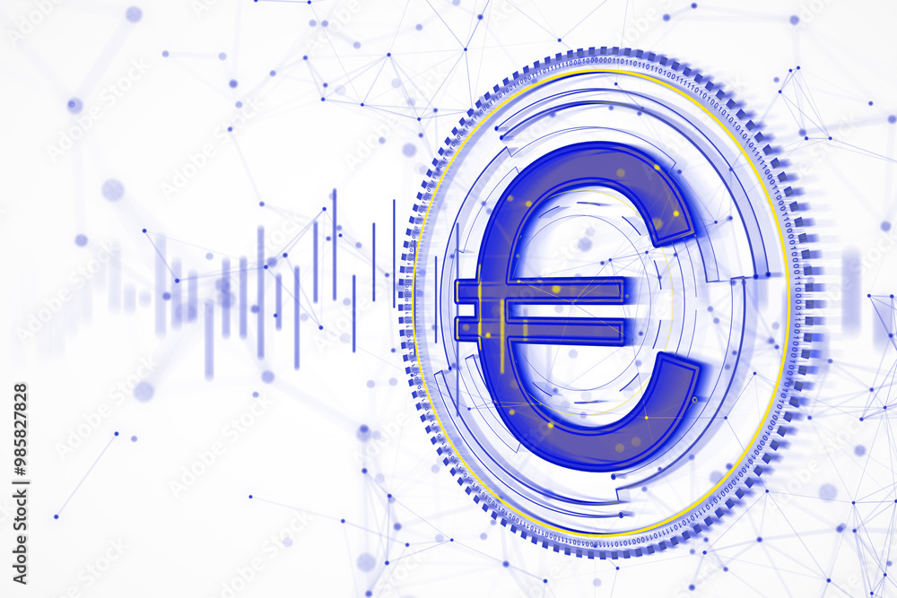 Poster digital euro symbol with futuristic design on white background. 3d rendering