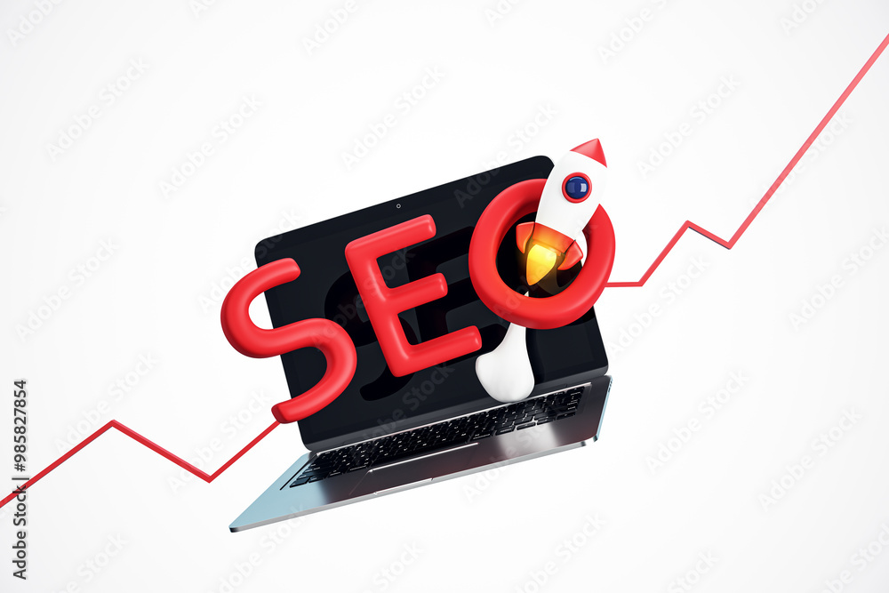 Poster seo concept with laptop and rocket on white background. 3d rendering