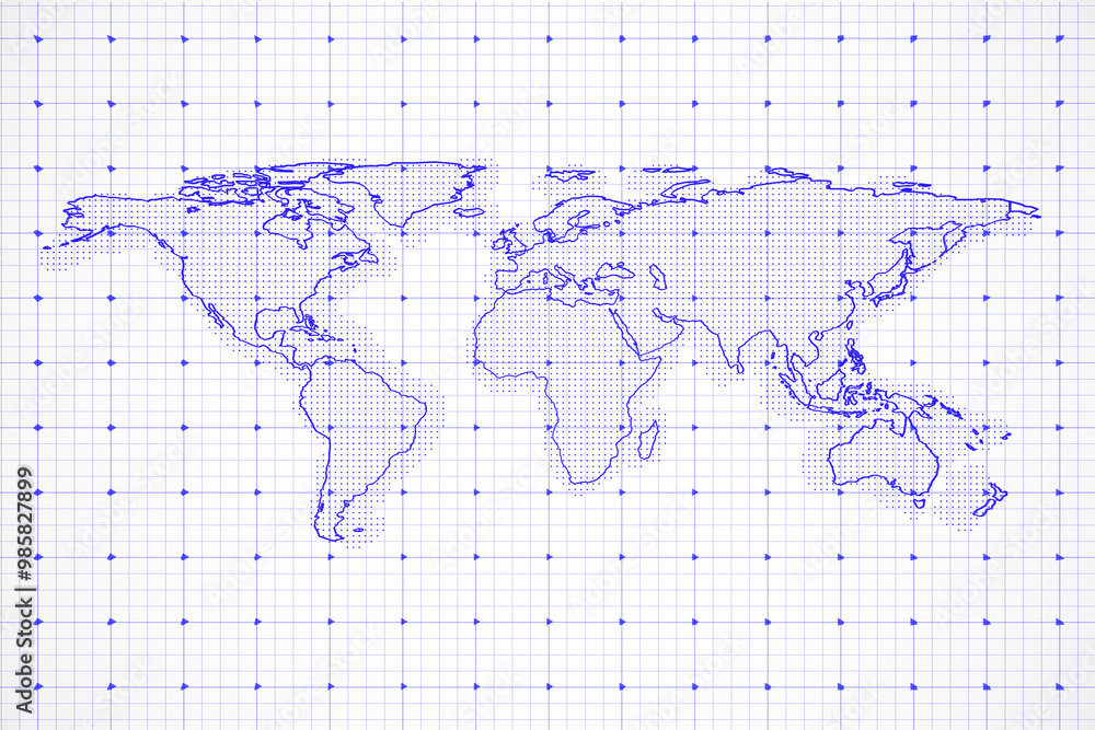 Aufkleber World map illustration with dotted pattern on a grid background. 3D Rendering