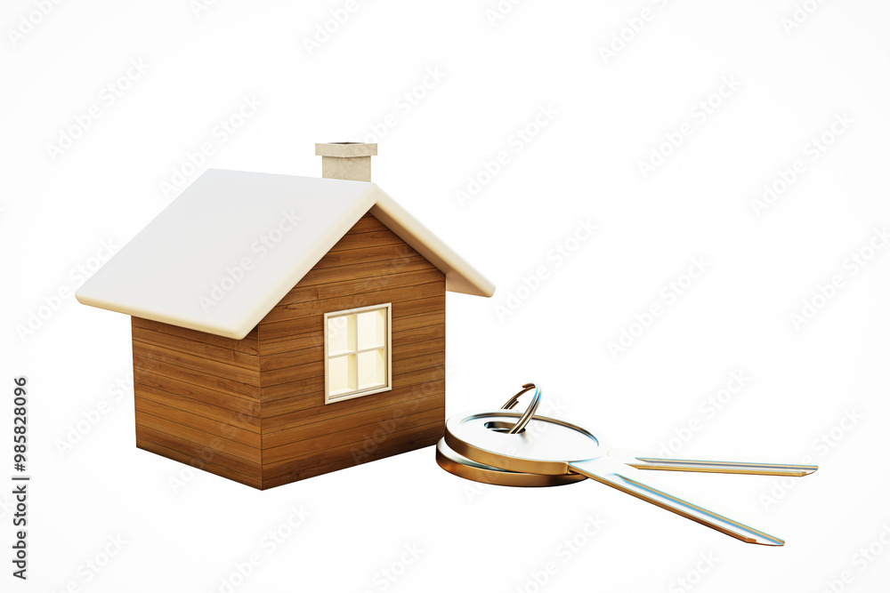 Poster small wooden house model with keys on white background. 3d rendering