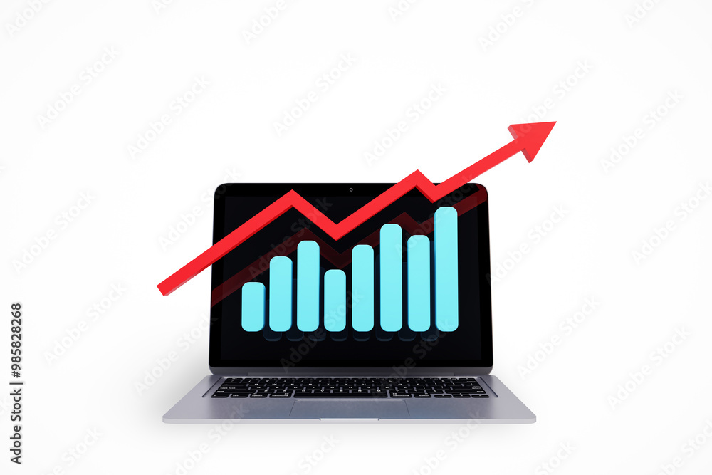 Poster Laptop displaying growth chart with upward trend on white background. 3D Rendering