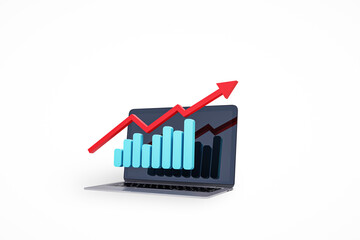3D rendering of a laptop with a bar chart and upward arrow on a white background. 3D Rendering