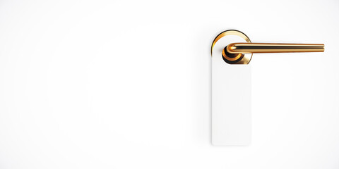 Golden door handle with blank hanging sign on white background. 3D Rendering
