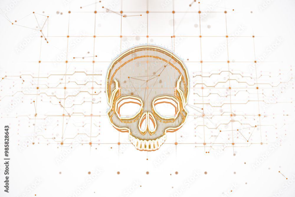 Poster Digital skull with circuit patterns on white background. 3D Rendering