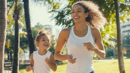 fit middle age mother and her daughter are running together in the park , doing exercise outdoor activity on weekend