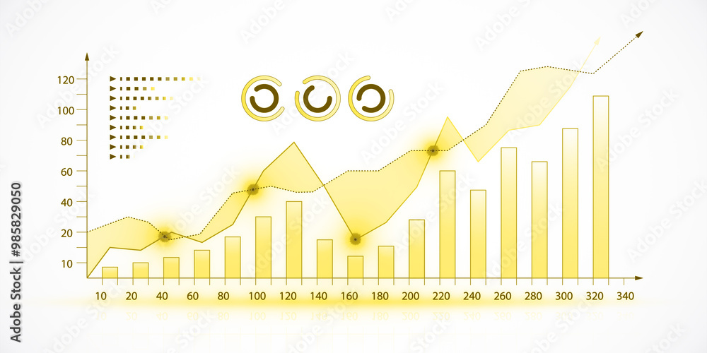 Aufkleber Yellow bar and line chart with circular icons on white background. 3D Rendering