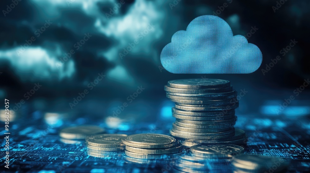 Poster cloud cost management: a stack of coins, representing the importance of effectively managing and opt