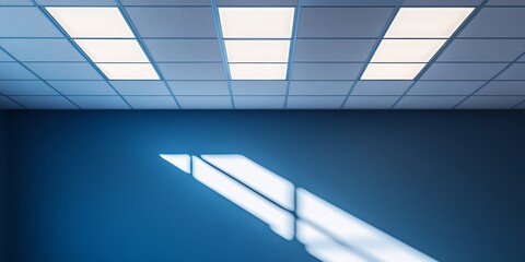 Soft daylight streams through a window, creating shadows on a clean ceiling in a contemporary interior setting