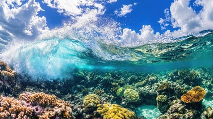 A wave breaking on a tropical reef, with the vibrant colors of the coral visible beneath the water.