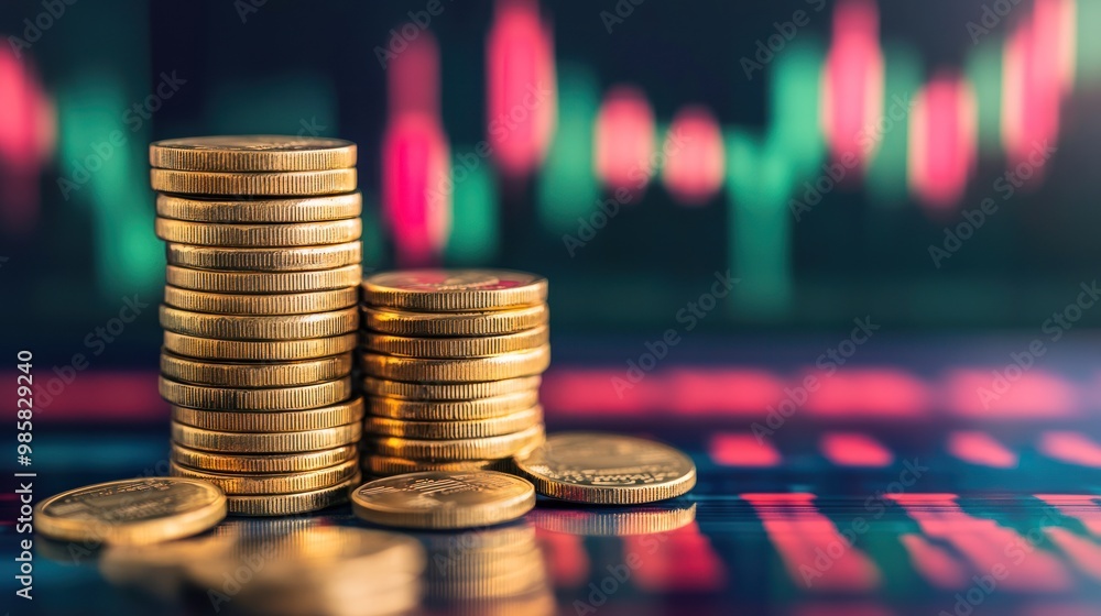 Poster a stack of coins with fluctuating stock market graphs in the background, representing the volatility