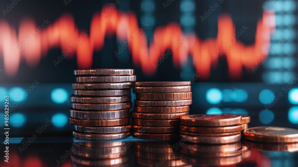 Poster a stack of coins with fluctuating stock market graphs in the background, representing the volatility
