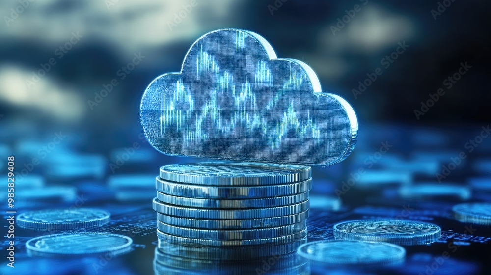 Poster cloud service expenses: a stack of coins, symbolizing the various costs associated with utilizing cl