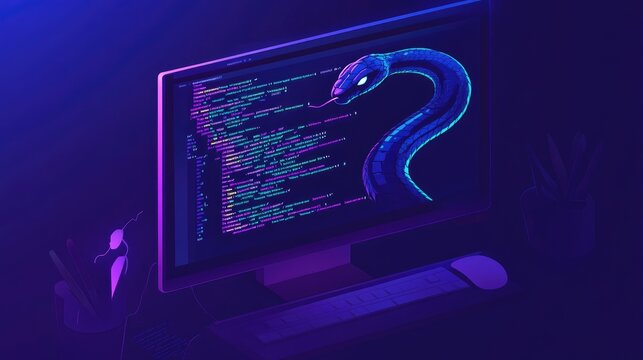 Coding with Python: A computer screen displaying Python code with a digital snake, illustrating the process of writing Python code for various applications.