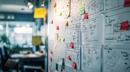 A whiteboard filled with mind maps and strategies for a project planning session.