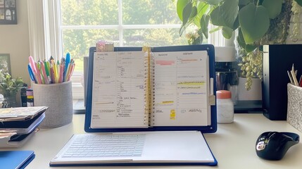 A well-organized planner with task lists and goals, open on a clean desk.