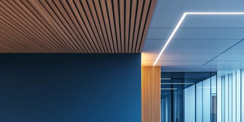 Obraz premium A stylish office space showcases wooden ceiling panels and innovative lighting, creating a professional and modern atmosphere