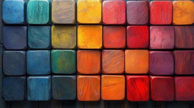 abstract geometric pattern vibrant rainbowcolored wooden cubes arranged in 3d grid play of light and shadow tactile texture dynamic composition