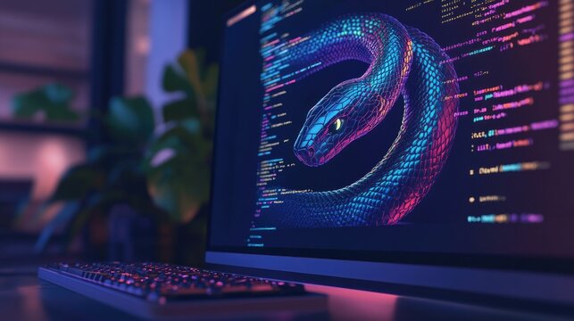 Data engineering: A computer screen displaying Python code with a digital snake, representing the application of Python programming in data engineering.