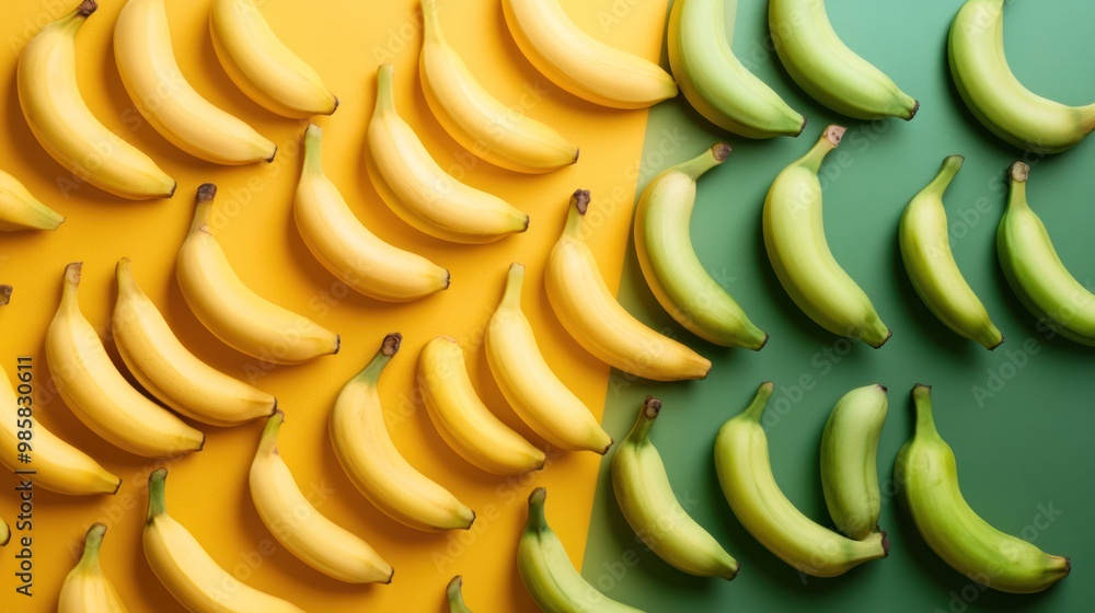 Poster abstract composition with bananas cut into geometric shapes arranged in a gradient pattern from yell