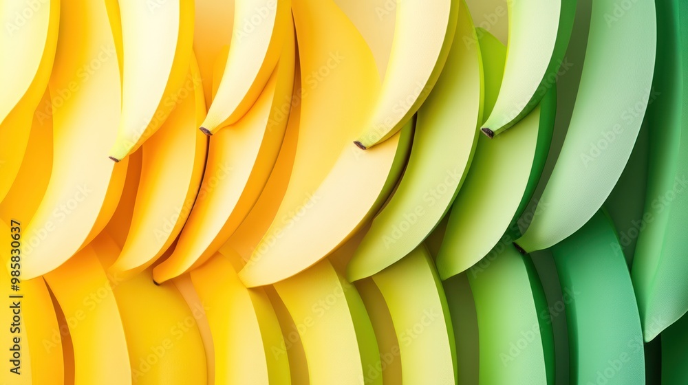 Poster abstract composition with bananas cut into geometric shapes arranged in a gradient pattern from yell