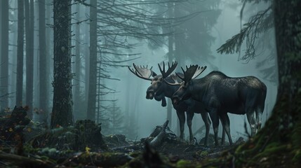 Moose in Misty Forest