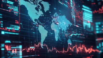 Abstract representation of a global economy, with world maps and financial data overlaid with futuristic graphics and stock market symbols
