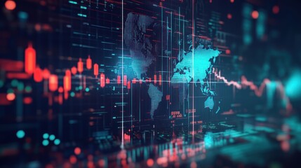 Abstract representation of a global economy, with world maps and financial data overlaid with futuristic graphics and stock market symbols