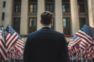 Fototapeta premium A suited individual stands in front of a series of American flags, facing a grand building, embodying themes of patriotism and authority.