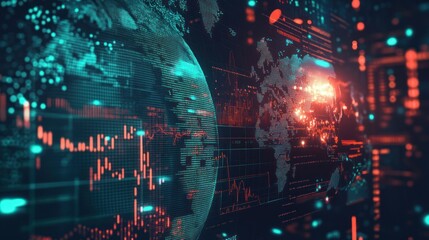 Abstract representation of a global economy, with world maps and financial data overlaid with futuristic graphics and stock market symbols