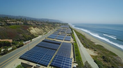 Aerial view of a solar panel array along a coastal region, maximizing sun exposure.f7