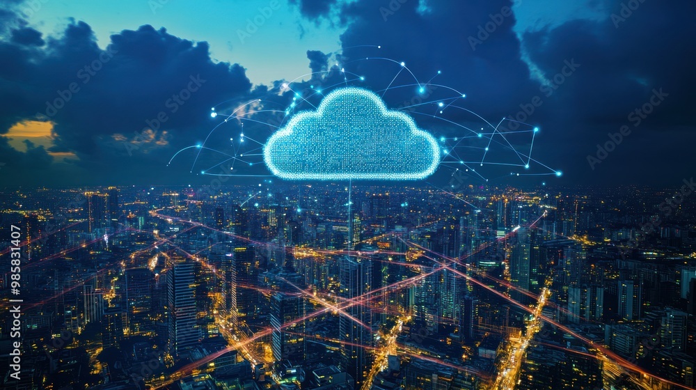 Aufkleber aerial view of a city skyline with glowing lines representing cloud data flow and connectivity acros